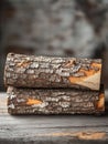 Stack of firewood logs with textured bark on wooden table. Royalty Free Stock Photo
