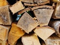 Stack of firewood, wood logs texture background.Pile of chopped fire wood prepared for winter