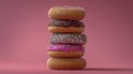 Stack of five assorted colorful sprinkled donuts with icing in various flavors arranged against a soft pink background for a Royalty Free Stock Photo