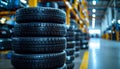 Stack of five black car tires with tread patterns in a warehouse with yellow shelving Royalty Free Stock Photo