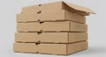 Stack of Five Brown Cardboard Pizza Boxes with One Open on a Neutral Background Mockup Royalty Free Stock Photo