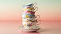 Stack of Five Decorative Floral Teacups and Saucers Royalty Free Stock Photo