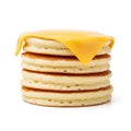 Stack of Five Fluffy Pancakes Topped with a Melting Slice of Yellow Cheese on White Background Royalty Free Stock Photo