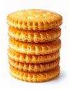 Stack of Five Golden Round Crackers on White Background Detailed View Royalty Free Stock Photo
