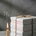 A stack of five neatly stacked white gift boxes is tied with natural twine, forming a Royalty Free Stock Photo