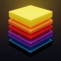 A stack of five square slabs in vibrant colorsâyellow, orange, red, purple, and blueâ Royalty Free Stock Photo