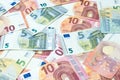Stack of five and ten euro banknotes background. Royalty Free Stock Photo