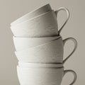 A stack of five white ceramic cups with handles, arranged in a tilted formation. The Royalty Free Stock Photo