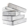 Stack of Five White Mattresses with Grey Trim and Handles on White Background bedding Royalty Free Stock Photo