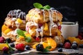stack of flaky puff pastries, filled with fruit and drizzled with icing