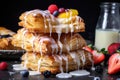 stack of flaky puff pastries, filled with fruit and drizzled with icing