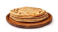 Stack of flat bread sitting on top of wooden plate. Ideal for food-related projects and recipe
