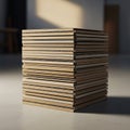 A stack of flat, corrugated cardboard sheets is neatly arranged, forming a compact, Royalty Free Stock Photo