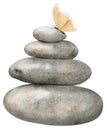 Stack of flat Pebbles with butterfly. Hand drawn watercolor illustration of balancing gray stones on isolated background