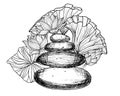 Stack of flat Pebbles with pink Lotuses and leaves. Hand drawn vector illustration of balancing stones and water lily on