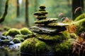 a stack of flat, round stones balancing on a mossy log