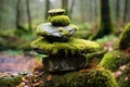 a stack of flat, round stones balancing on a mossy log