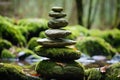 a stack of flat, round stones balancing on a mossy log