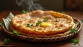 A stack of flatbread on a woven plate with a yellow topping and garnish of parsley with steam rising Royalty Free Stock Photo