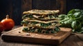 Delicious Spinach and Mushroom Flatbread Stack on Wooden Board Royalty Free Stock Photo