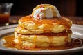 A stack of fluffy American pancakes on plate. AI Generated