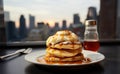 A stack of fluffy pancakes in the caffee bar. AI Generated