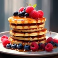 a stack of fluffy pancakes drizzled with maple syrup and topped with berries trending on Artstati Royalty Free Stock Photo