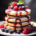 a stack of fluffy pancakes drizzled with maple syrup and topped with berries trending on Artstati Royalty Free Stock Photo