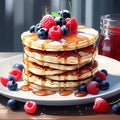 a stack of fluffy pancakes drizzled with maple syrup and topped with berries trending on Artstati Royalty Free Stock Photo