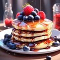 a stack of fluffy pancakes drizzled with maple syrup and topped with berries trending on Artstati Royalty Free Stock Photo