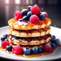 a stack of fluffy pancakes drizzled with maple syrup and topped with berries trending on Artstati Royalty Free Stock Photo