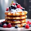 a stack of fluffy pancakes drizzled with maple syrup and topped with berries trending on Artstati Royalty Free Stock Photo