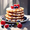 a stack of fluffy pancakes drizzled with maple syrup and topped with berries trending on Artstati Royalty Free Stock Photo
