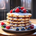 a stack of fluffy pancakes drizzled with maple syrup and topped with berries trending on Artstati Royalty Free Stock Photo