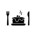 Stack of fluffy pancakes with sauce or honey. Silhouette pancakes with syrup, berry, fork, knife. Outline icon of classic american