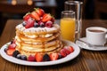 stack of fluffy pancakes with syrup and berries on a cafe table Royalty Free Stock Photo