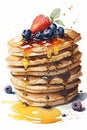 Stack of fluffy pancakes topped with berries and maple syrup Royalty Free Stock Photo