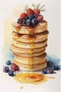 Stack of fluffy pancakes topped with berries and maple syrup Royalty Free Stock Photo