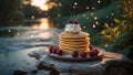 Delicious Pancakes with Cherries at Sunset by the River Royalty Free Stock Photo