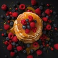 Stack of fluffy pancakes, topped with fresh berries and drizzled with maple syrup. Generative AI Royalty Free Stock Photo