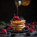 Stack of fluffy pancakes, topped with fresh berries and drizzled with maple syrup. Generative AI Royalty Free Stock Photo