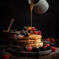 Stack of fluffy pancakes, topped with fresh berries and drizzled with maple syrup. Generative AI Royalty Free Stock Photo