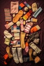 stack of fluffy warm socks in a wicker basket