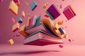 Stack of flying books with levitation on pink background