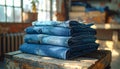 Stack of folded blue jeans on a distressed wooden crate in a sunlit industrial room Royalty Free Stock Photo