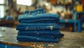 Stack of folded blue jeans on a worn wooden workbench in a workshop Royalty Free Stock Photo
