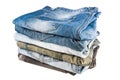 Stack of folded clothes, blue jeans pants, dark blue denim trousers Royalty Free Stock Photo