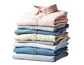 Stack of folded clothes. Pile of clean shirts isolated on white transparent background Royalty Free Stock Photo