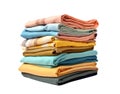 Stack of folded clothes. Pile of clean shirts isolated on white transparent background Royalty Free Stock Photo