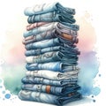 Stack of folded denim pants, material for recycling and reuse. Watercolor illustration.